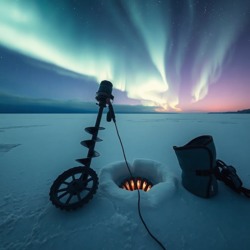 Ice fishing on a frozen lake