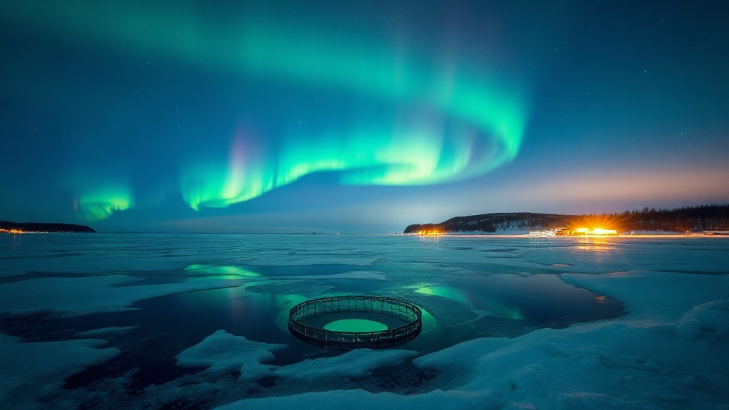 Frozen lake under aurora borealis